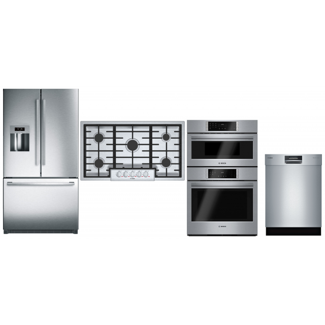 Bosch NGMP655UC 36 in. Gas Cooktop, B26FT80SNS 25.5 cu. ft. French Door Refrigerator, 30 in. HBL8751UC Combination Convection Microwave Wall Oven, SHE8PT55UC 24 in. Fully-Integrated Dishwasher in Stainless Steel